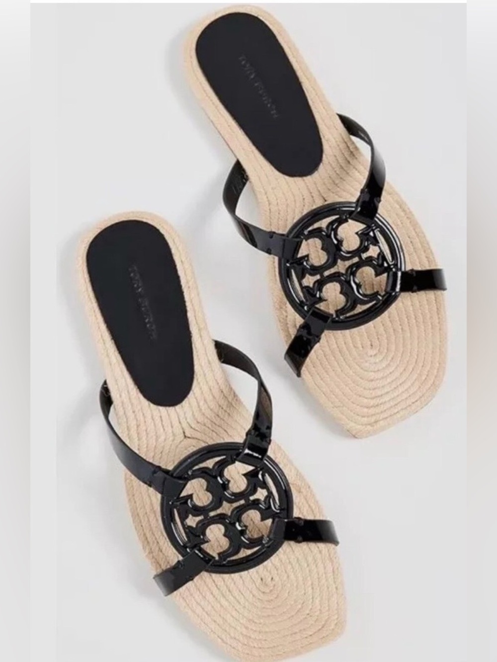 TORY BURCH BLACK PATENT BOMBE MILLER ESPADRILLE SLIDE SANDAL